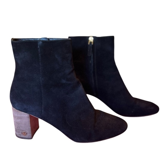 TORY BURCH Black Suede Leather Block Heeled Ankle Boot Booties Side Zipper Sz 10 - Picture 1 of 14